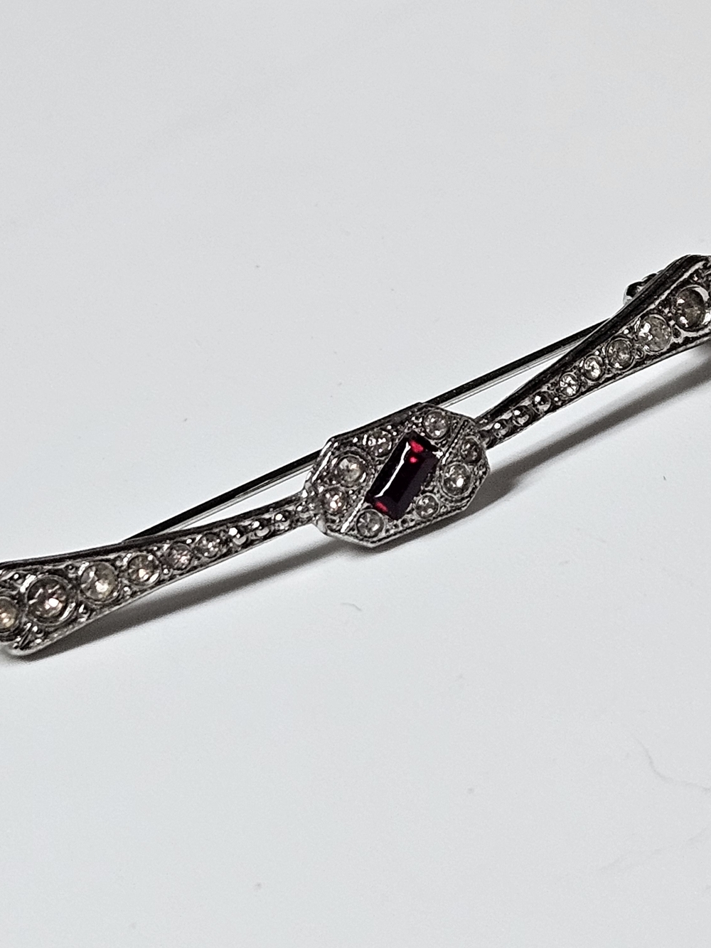 Vintage Art Deco Silver-Tone Rhinestone Bar Pin with Red Center Stone